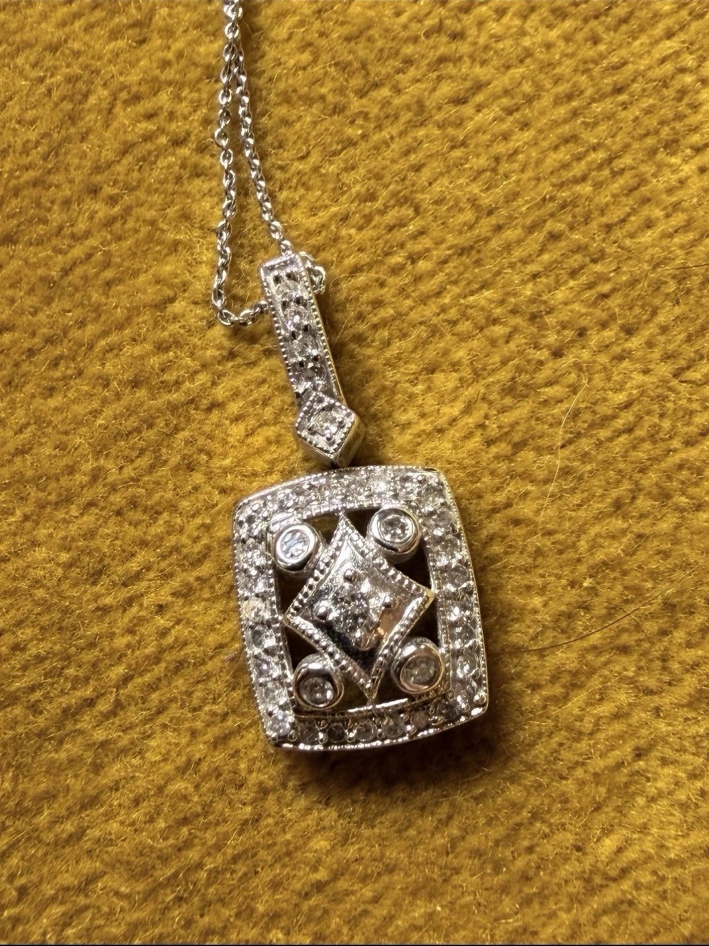 White Gold Art Deco Diamond Square Pendant Necklace 2.6g
